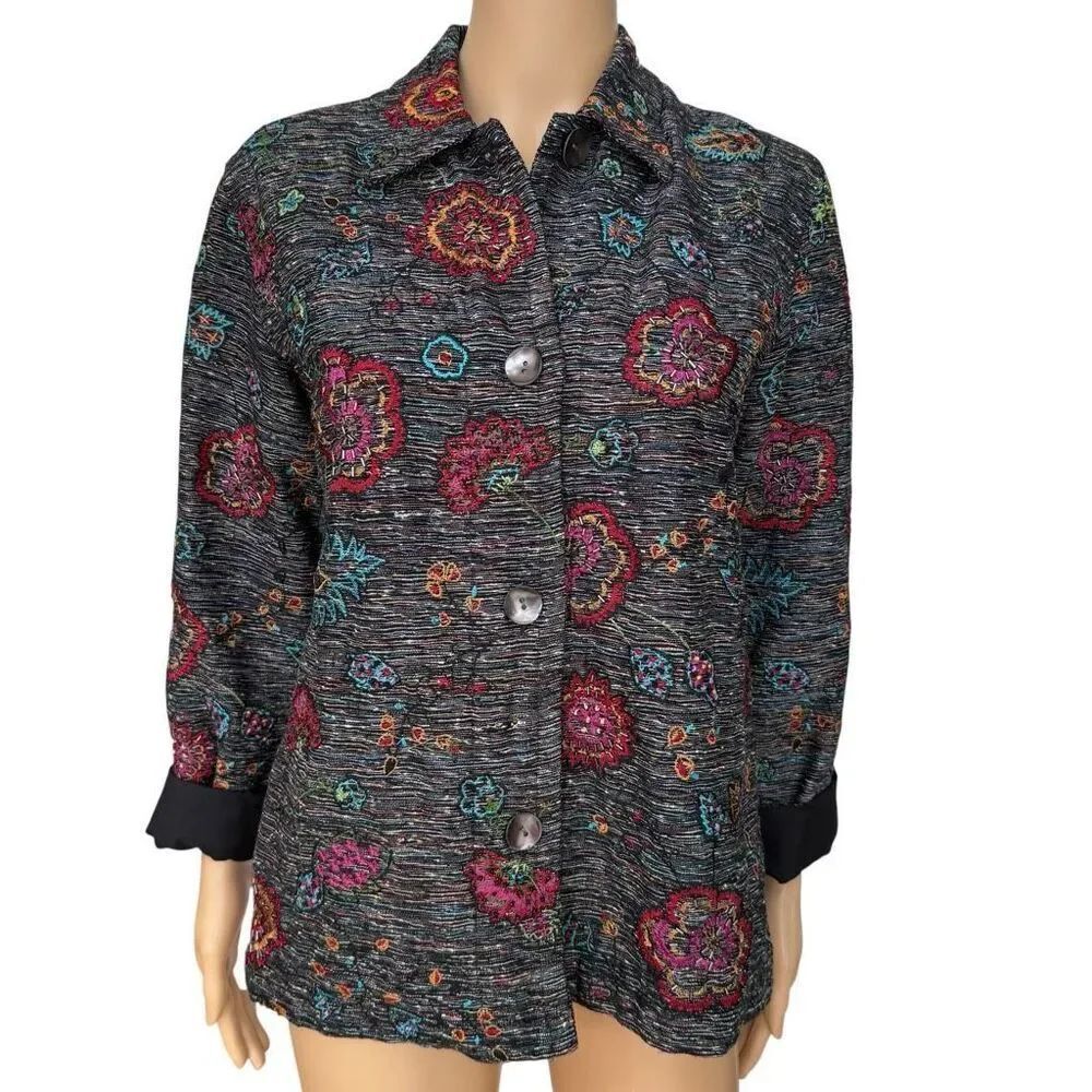 Chico's VTG silk design embroidered beaded floral slub jacket silk blend sz S